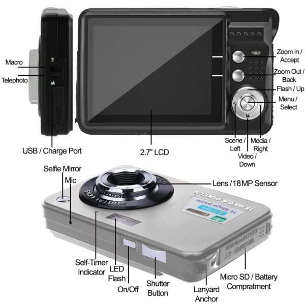 Digital Camera Mini Pocket Camera 18MP 2.7 Inch LCD Screen 8x Zoom Smile Capture Anti-Shake with Battery - Image 3